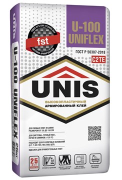 Клей UNIS U-100 UNIFLEX С2ТЕ высокопластичный для керамогранита крупного формата  25 кг unisu10025 - фото 4548