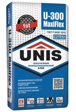 Клей UNIS U-300 MAXIFLEX С2ТЕS1 эластичный для керамогранита макси формата  25 кг unisu30025 - фото 4557